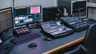 Table in a media house with screens and mixers