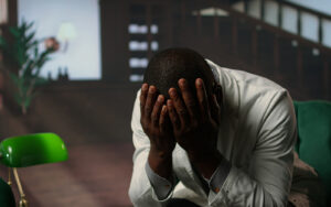 A man covering his face with his hands expressing disappointment